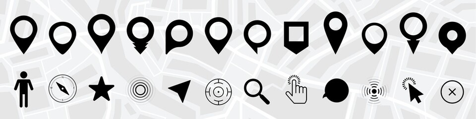Different pins and markers for map design. Location pointers and elements for a map. Vector icons collection