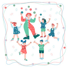 Circus clown juggling for happy cheerful children. Kids circus entertainment, cartoon vector illustration isolated on white background. Design for poster or invitation flyer.