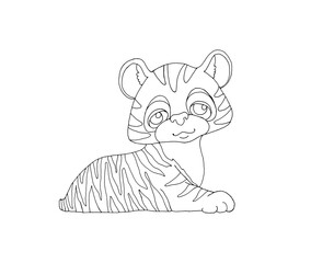 Fototapeta na wymiar Cute little tiger cub lying. Children's coloring. Symbol of 2022. Illustration isolated on white background in cartoon style.