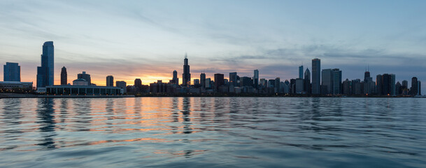 Skyline of Chicago at sunset, Chicago, Illinois, USA