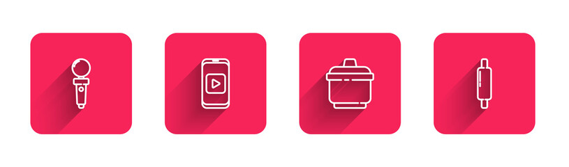 Set line Joystick for arcade machine, Online play video, Cooking pot and Rolling pin with long shadow. Red square button. Vector