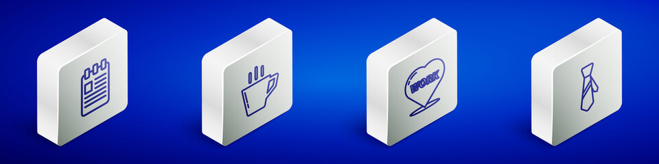 Set Isometric line Spiral notebook, Coffee cup, Heart with text work and Tie icon. Vector