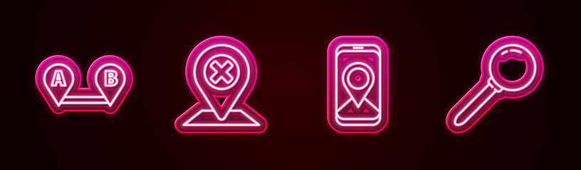Set line Route location, Location, City map navigation and Push pin. Glowing neon icon. Vector