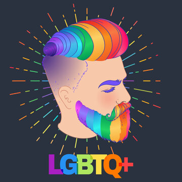 LGBT person with rainbow hair an beard. Caucasian man. Gay Pride. LGBTQ concept. Isolated on gray vector colorful illustration. Sticker, patch, t-shirt print, logo design.