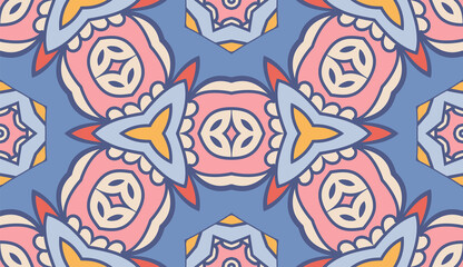 Abstract colorful doodle flower seamless pattern. Floral geometric background. Mosaic, tile of thin line ornament.