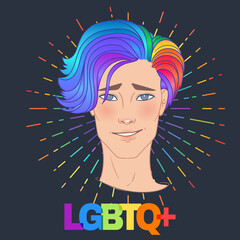 LGBT person with rainbow hair. Non binary caucasian person. Gay Pride. LGBTQ concept. Isolated on gray vector colorful illustration. Sticker, patch, t-shirt print, logo design.