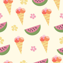  Summer pattern with watermelon, ice-cream, flower. Colorful design
