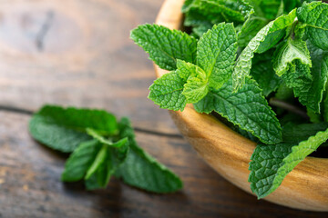 Green fresh mint on the wooden table.