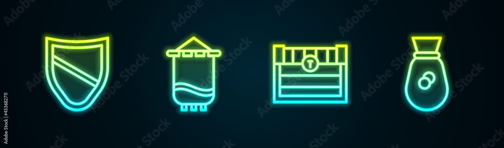 Sticker Set line Shield, Medieval flag, Antique treasure chest and Old money bag. Glowing neon icon. Vector