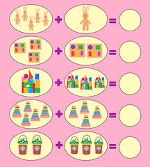 Solve math examples for addition. Fold different toys. Educational game for kids. Colorful toys.