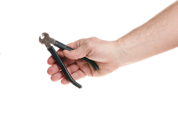 Hand holds old pliers on a white background, a template for designers.