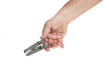 Hand holds a wire stripper on a white background
