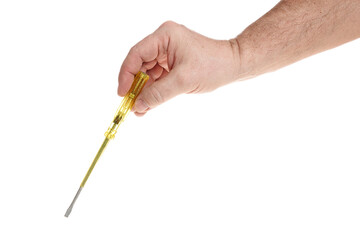 Hand holds a screwdriver on a white background, a template for designers.