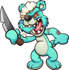 Obraz premium Evil Teddy bear laughing and holding a knife. Vector clip art illustration with simple gradients. Some elements on separate layers. 