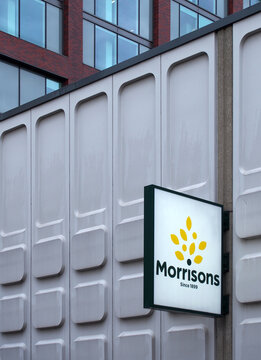 leeds, west yorkshire, united kingdom - 11 may 2021: sign with logo outside the morrisons supermarket in the centre of leeds, west yorkshire
