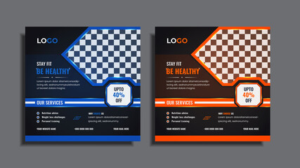 Modern gym and fitness social media post design pack with dynamic orange, and blue color creative shapes with lights.