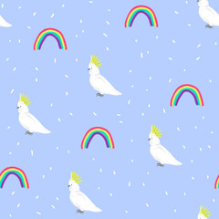 pattern with a parrot and a rainbow for children on a pink background