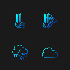 Set line Cloud, with rain and lightning, Meteorology thermometer and . Gradient color icons. Vector