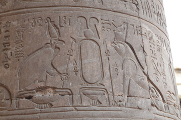 Inscriptions on a stone  pillar in the form of two birds from Temple of Edfu (Temple of Horus) from Aswan Governorate, Egypt
