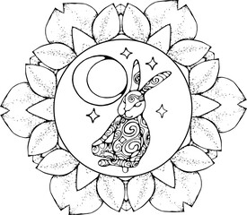 A meditative rabbit sits in a turkish pose all in ornaments from spirals. The moon and stars with him. Lotus mandala.