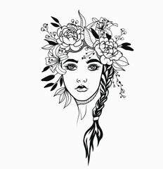 Woman with flower crown, Floral girl, Flowers on head, Peony and lily flowers, vector illustration