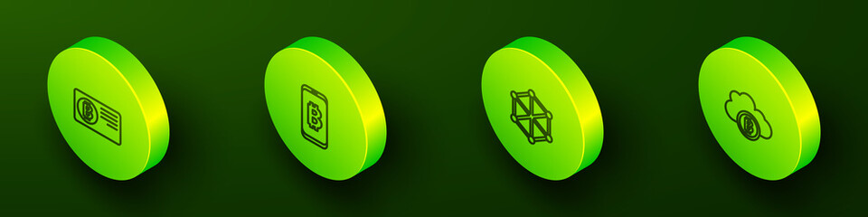 Set Isometric line Credit card with bitcoin, Mining from mobile, Blockchain technology and Cryptocurrency cloud mining icon. Vector