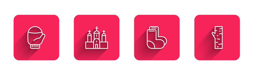 Set line Christmas mitten, Church building, Valenki and Birch tree with long shadow. Red square button. Vector