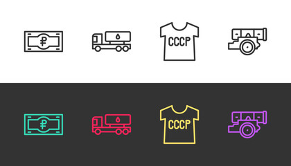 Set line Russian ruble banknote, Tanker truck, USSR t-shirt and Cannon on black and white. Vector