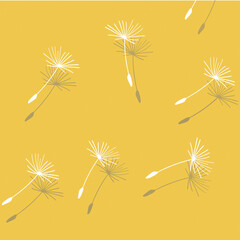 Illustration von fliegenden Samen einer Pusteblume im Wind, Löwenzahn auf gelbem, sommerlichen Hintergrund