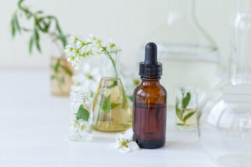 Concept of laboratory drug research for beauty products. Natural organic ingredients, pure herbal and flower extract, medical ingredients for cosmetics in glassware. Close up, white background