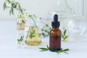 Concept of laboratory drug research for beauty products. Natural organic ingredients, pure herbal and flower extract, medical ingredients for cosmetics in glassware. Close up, white background