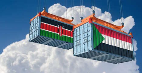 Two freight container with Kenya and Sudan flag. 3D Rendering