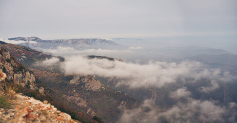 Grand stone pillars on the slopes of Mount Demerdzhi. Valley of ghosts, Crimean Mountains.