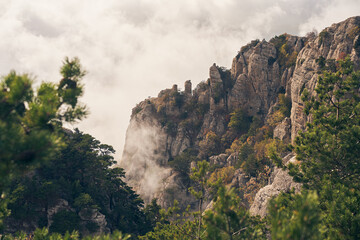 Grand stone pillars on the slopes of Mount Demerdzhi. Valley of ghosts, Crimean Mountains.