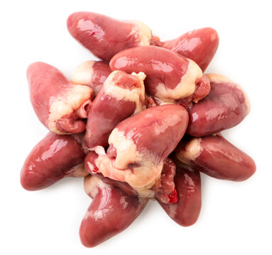 Raw chicken hearts on a white background. Top view.