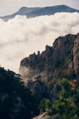 Grand stone pillars on the slopes of Mount Demerdzhi. Valley of ghosts, Crimean Mountains.