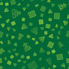 Set line Chichen Itza in Mayan, Mexican man sombrero and Chocolate bar on seamless pattern. Vector