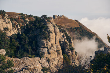 Grand stone pillars on the slopes of Mount Demerdzhi. Valley of ghosts, Crimean Mountains.