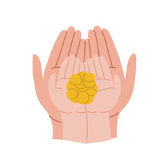 The hands of an adult and a child hold coins. Family budget and children's budget. An adult helps a child save and accumulate money. Vector isolated fully editable illustration on white background.