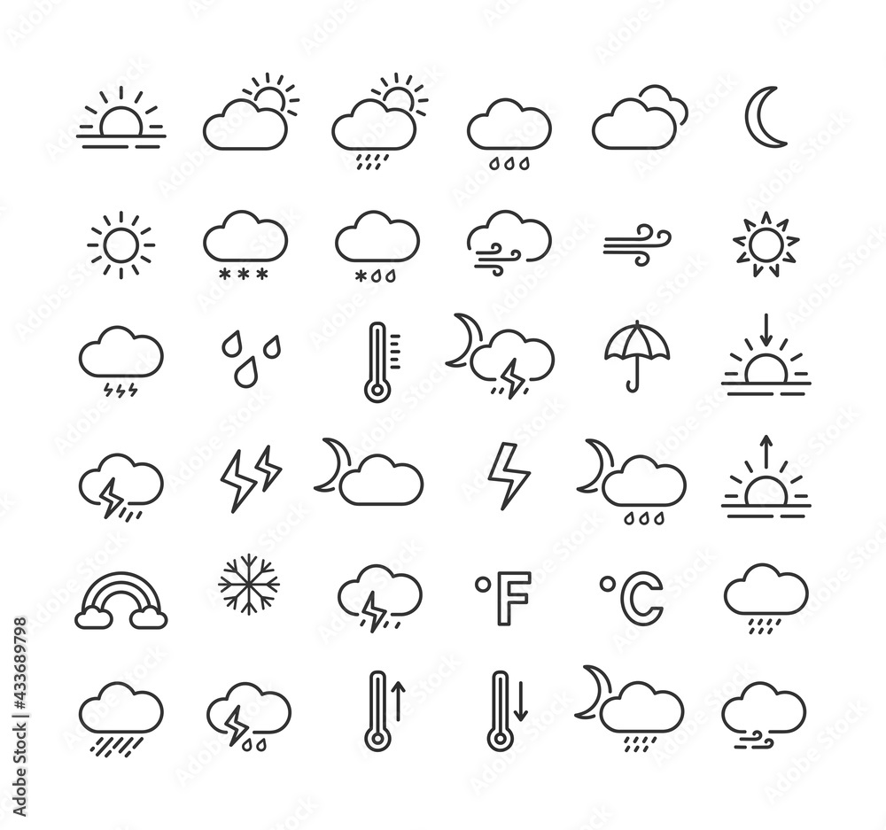 Wall mural weather line icon set with editable stroke. outline collection of meteorology symbols. vector illust