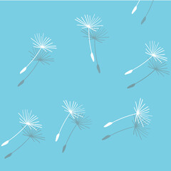 Illustration von fliegenden Samen einer Pusteblume im Wind, L&ouml;wenzahn vor blauem Himmel, sommerlichen Hintergrund