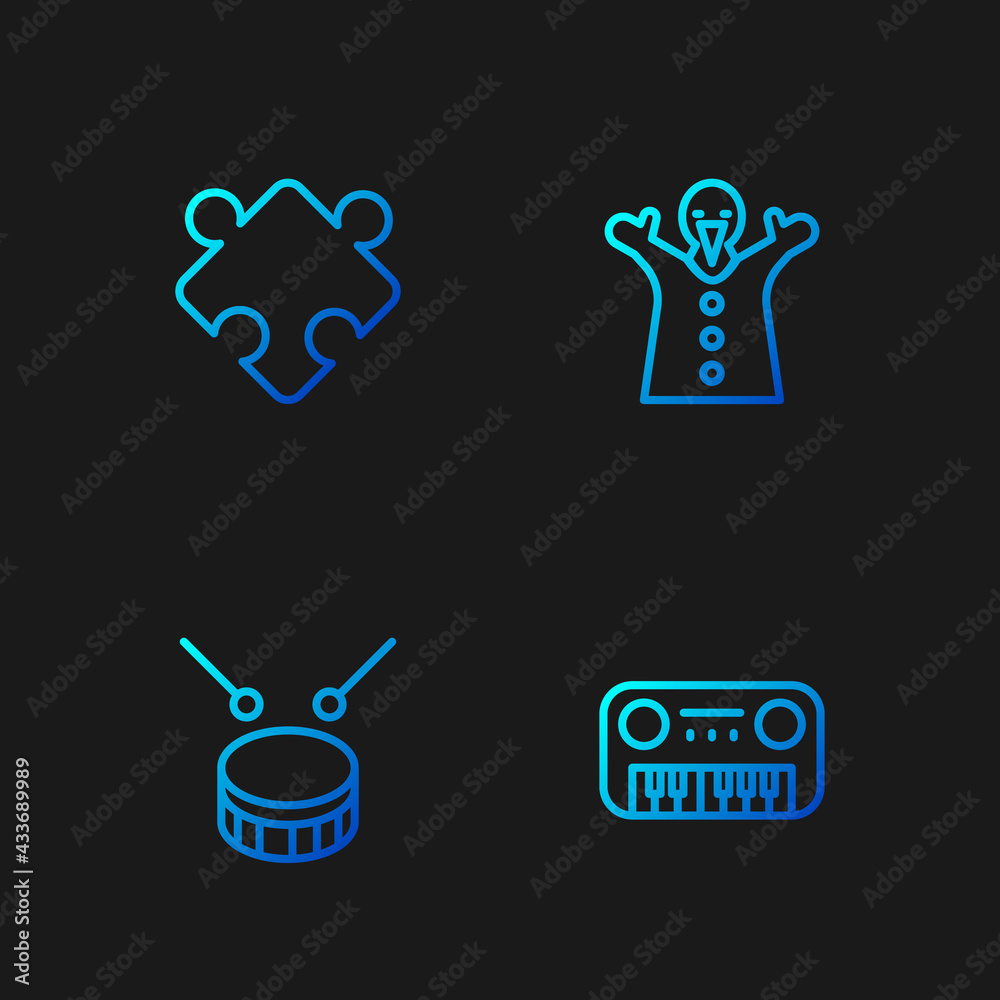 Wall mural set line toy piano, drum with drum sticks, puzzle pieces toy and puppet doll on hand. gradient color