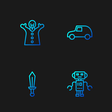 Set line Robot toy, Sword, Toy puppet doll on hand and car. Gradient color icons. Vector