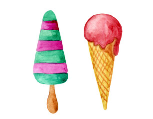 set of watercolor ice cream isolated on white background. Elements for summer design