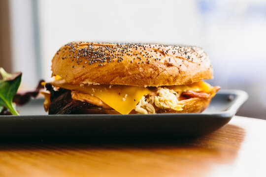 Appetizing bagel sandwich with cheese and chicken served on plate with rucola salad on table in cafe