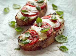 Grilled caprese sandwich based on sourdough bread with the addition of tomatoes, mozzarella cheese, fresh basil and olive oil on a light background close up view