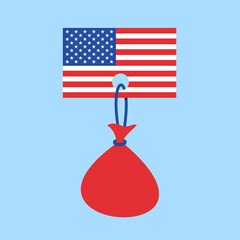 Flag of USA with heavy burden - metaphor of American state, country, nation and debt, being indebted, liability. Concept of Government debt, national debt, public debt, and sovereign debt. Vector.