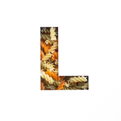 Italian food typeface for packaging design. Letter L of English alphabet of fusilli pasta and white cut paper