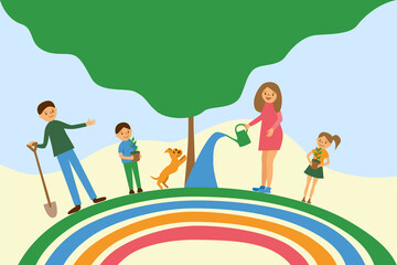 Fototapeta premium Happy parents with children cares the planet on abstract rainbow background. Eco friendly family ecology concept. Nature conservation plant and water trees illustration