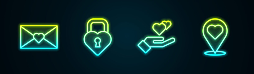 Set line Envelope with Valentine heart, Castle the shape of, Heart hand and Location. Glowing neon icon. Vector
